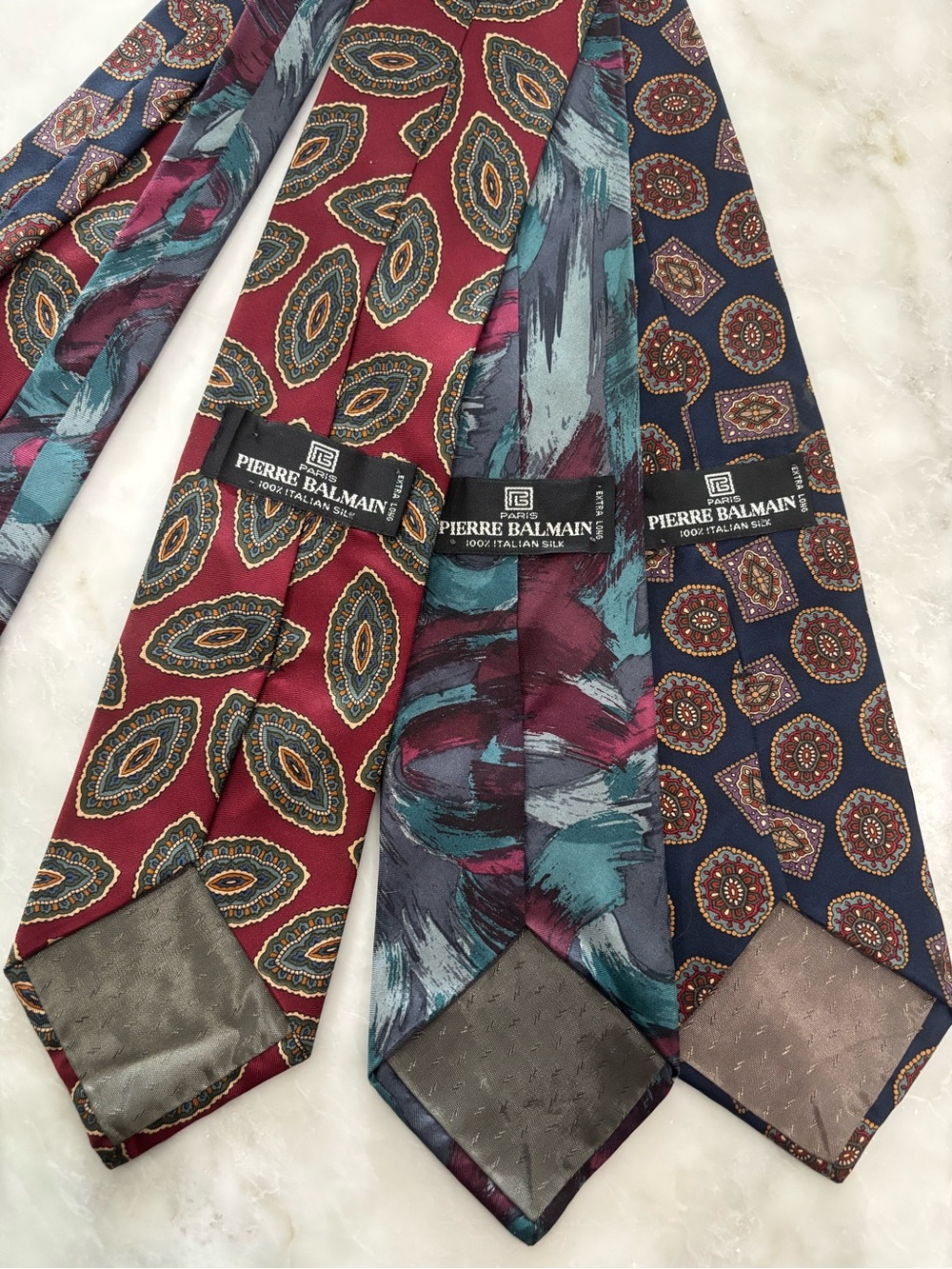 VTG Pierre Balmain Silk Tie Trio Burgundy Teal Navy Paisley Abstract Lot of 3 XL